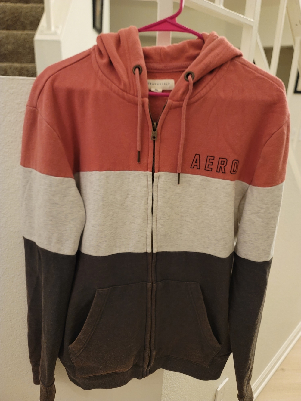 Aeropostale  Three-Tone Zip Hoodie in Rust, Light Gray & Charcoal